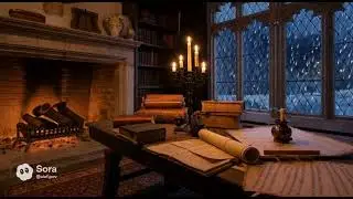 Medieval Stone Library in the Rain | 1 Hour Cozy Study, Reading & Relaxation