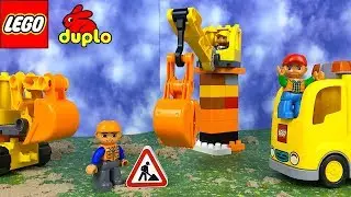 LEGO DUPLO TRUCKS DIG FOR BLOCKS WITH CRANE BULLDOZER & EXCAVATOR
