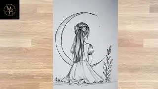 Girl with Moon Pencil Sketch | Aesthetic Girl Drawing Step by Step | Moon Art Pencil Drawing