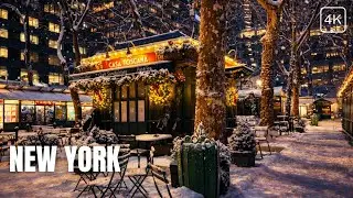 Experience a quiet NYC night walk in heavy snow with almost no traffic and rare late night movement