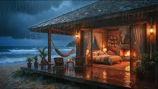 8K Cinematic: Cozy Beach Cabin Fireplace & Heavy Rain Sounds for Deep Sleep, Study, Relaxing