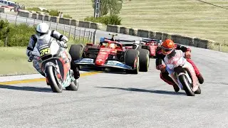 Spiderman Yamaha YZR-M1 vs Honda RC213V vs Hypercars Lamborghini, Ferrari vs F1 Ferrari SF-25
