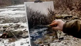 Plein Air Oil Painting Autumn River on a Cloudy Morning