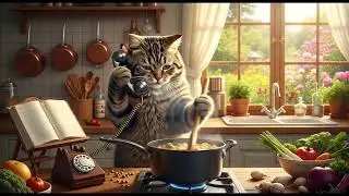 A cute cat is cooking and making a phone call