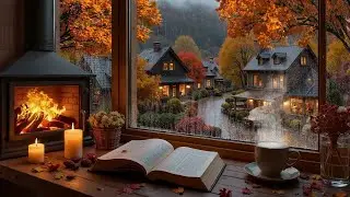 Soothing Autumn Jazz in the Rain 🍂 Cozy cafe with fireplace and relaxing music