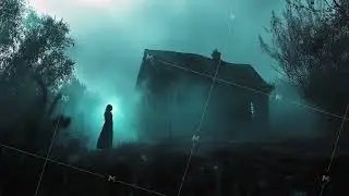horror scene abandoned house and woman silhouette in moonlight halloween ghost scary movie concept