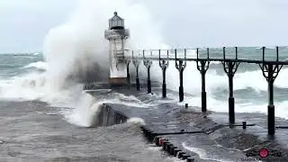 50+ mph wind gusts slamming St. Joseph Lighthouse 6K Drone Footage Must See