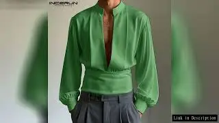 INCERUN Men Shirts Fashion Solid Color Tops V Neck Vintage Men's Clothing Party Tops Streetwear Summ