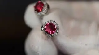 round red diamond ear studs, halo ear studs, red ruby ear studs