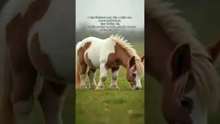 A tiny Shetland pony with a white and brown-spotted coat, long flowing tail, peacefully grazing