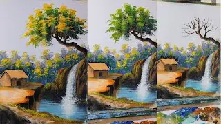 Painting Peaceful Mountain Landscape with Yellow Blossoms, Waterfall & Cozy House | Flower Tree Art 