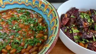 Lean bean stew and dried peppers stuffed with beans