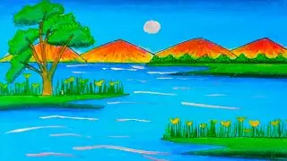 Easy Landscape Scenery Drawing | Vibrant River and Mountain Sunset Tutorial
