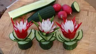 Super Salad Decoration Ideas - Chili & Radish Flower Carving Cucumber Garnish