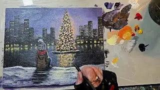ASMR Winter Cityscape Painting | Christmas Tutorial + Soft Holiday Music (Home Alone 2 Inspired)