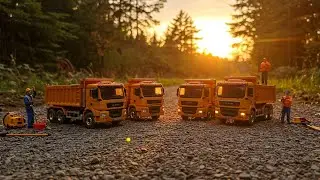 RC car, a dump truck, is actively transporting soil.