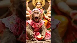 🐒 Baby Monkey Eating Apple 🍎 Near Maa Durga Idol 🙏 | Cute Shorts #BabyMonkey #MaaDurga #Apple