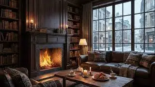 Old Money Evening Library 🌙 Gentle Fire & Snowfall for Deep Reading and Focus