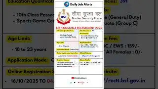BSF Constable Recruitment 2025 | New Vacancy 2025 | Daily Job Alerts #shorts