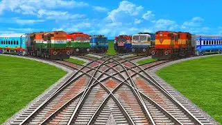 6 Different Colorful Trains Crossing On Same Line Railroad Track | Bumpy Forked Indian railway #146