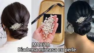 Diadema mireasa, flexibila, model floral,perle, flori, bază placată cu argint, Pieptan voal mireasa