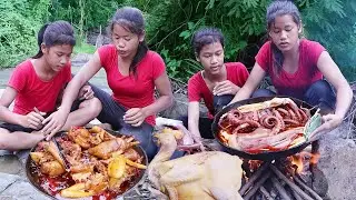 Yummy! Chicken curry tasty for food in forest, Octopus arm spicy cooking for dinner, +5 video