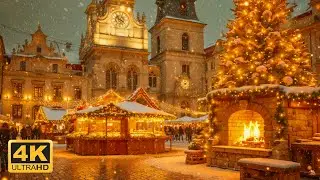 European Christmas Market Ambience 🎄❄️ Cozy Fireplace & Peaceful Piano Music for Relaxation