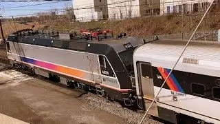NJ TRANSIT commuter service shoved by Bombardier ALP45DC approaches tunnels to New York City