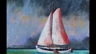 Segelboot mit bedrohlichem Himmel, gemacht mit Pastellkreide