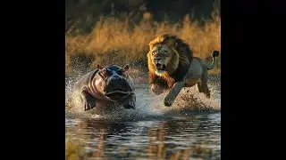 Lion Ambush Fail#LionVsHippo #WildlifeClash #SavannahBattle #AnimalFight #NatureShowdown #LionPower