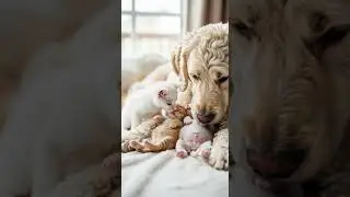 Dog Cares for Sleeping Kittens and Puppy Like A Loving Guardian #cute #pets #animals