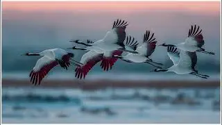 Red-Crowned Cranes Flying Over A Tranquil Lake | Still Art Screen Saver | 4K