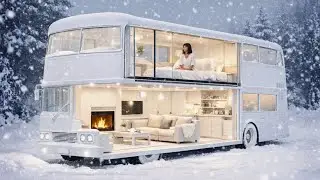 I Turned an Abandoned Double-Decker Bus into a 2-Floor Stark White Luxury Cabin in Snowstorm (ASMR)