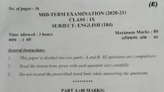 Class 9th Mid term Examination English question paper (2020-2021) may 26, 2021