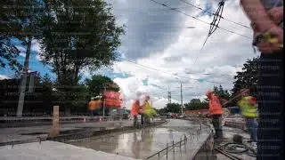 Concrete works for road maintenance construction with many workers and mixer timelapse hyperlapse