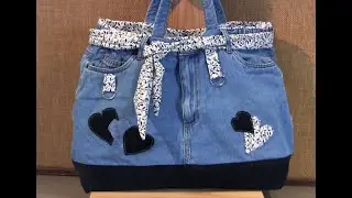Sac cabas jean recyclé cœurs, méthode pour toutes tailles DIY déb très facile.