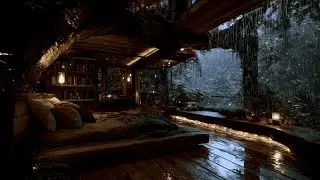 Peaceful Night Sleep | Heavy Rain Falling on Cabin Window in the Woods