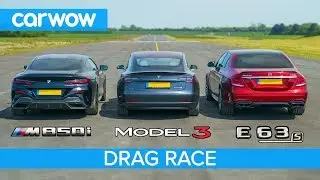 BMW M850i vs Tesla Model 3 vs Mercedes-AMG E63 S - DRAG RACE, ROLLING RACE & BRAKE TEST