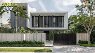Cube Inspired Modern Minimalist House with Black White Tone Façade and Tropical Vibes Garden