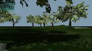 Infinite world with grass, flowers, trees, ocean.