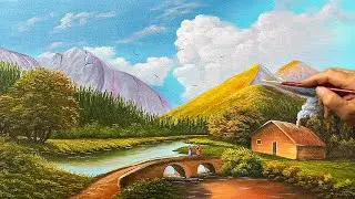 How to Paint a Peaceful Mountain River & Cottage | Easy Acrylic Landscape Tutorial
