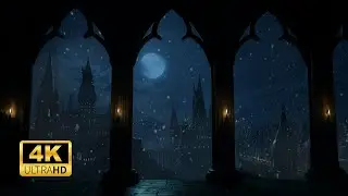 Winter Hogwarts Window with Snowfall and Soothing Wind Sounds for Study Focus and Restful Sleep