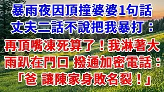 暴雨夜因頂撞婆婆1句話，丈夫二話不說把我暴打：再頂嘴凍死算了！我淋著大雨趴在門口，看婆家歡聲笑語，撥通加密電話：爸，讓陳家身敗名裂！#詩涵講故事#為人處世#生活經驗#情感故事#晚年哲理#說故事#完結文