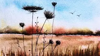 Loose Watercolor Landscape with Dark Flowers | Step by Step