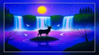 How to draw moonlight waterfall scenery I waterfall scenery drawing I oil pastel drawing