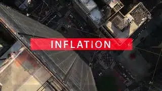 Digital animation of the word inflation over major city's top down aerial view. Economic crisis and