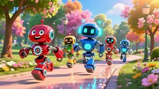 Five Little Robots on the Run | Fun Counting Rhyme for Kids | Nursery Rhymes & Songs for Children 🤖✨