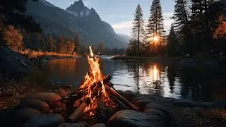 Autumn Forest Sunrise Ambience With Crackling Campfire & River Sounds ASMR 🍂🔥