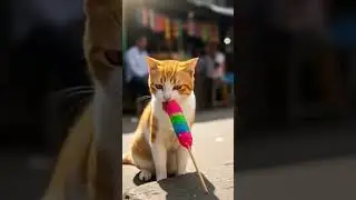 Cat eating colourful barafgola in street