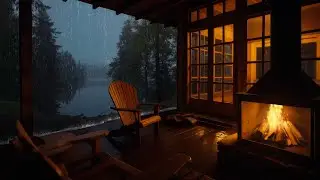 Sleep Faster with Heavy Rain | Cozy Lakeside Cabin Interior with Fireplace and Soft Rain Sounds